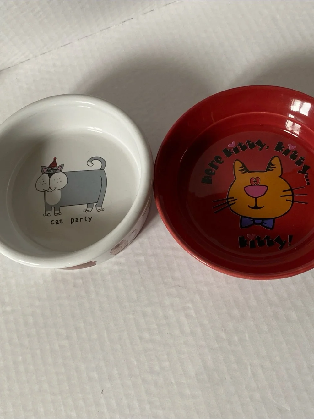 Cute whimsical Red and White Ceramic Cat Feeding Bowls with Cute Kitty Prints